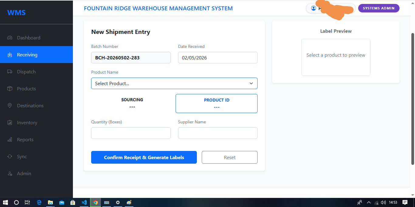WMS Receiving — New Shipment Entry with barcode label generation